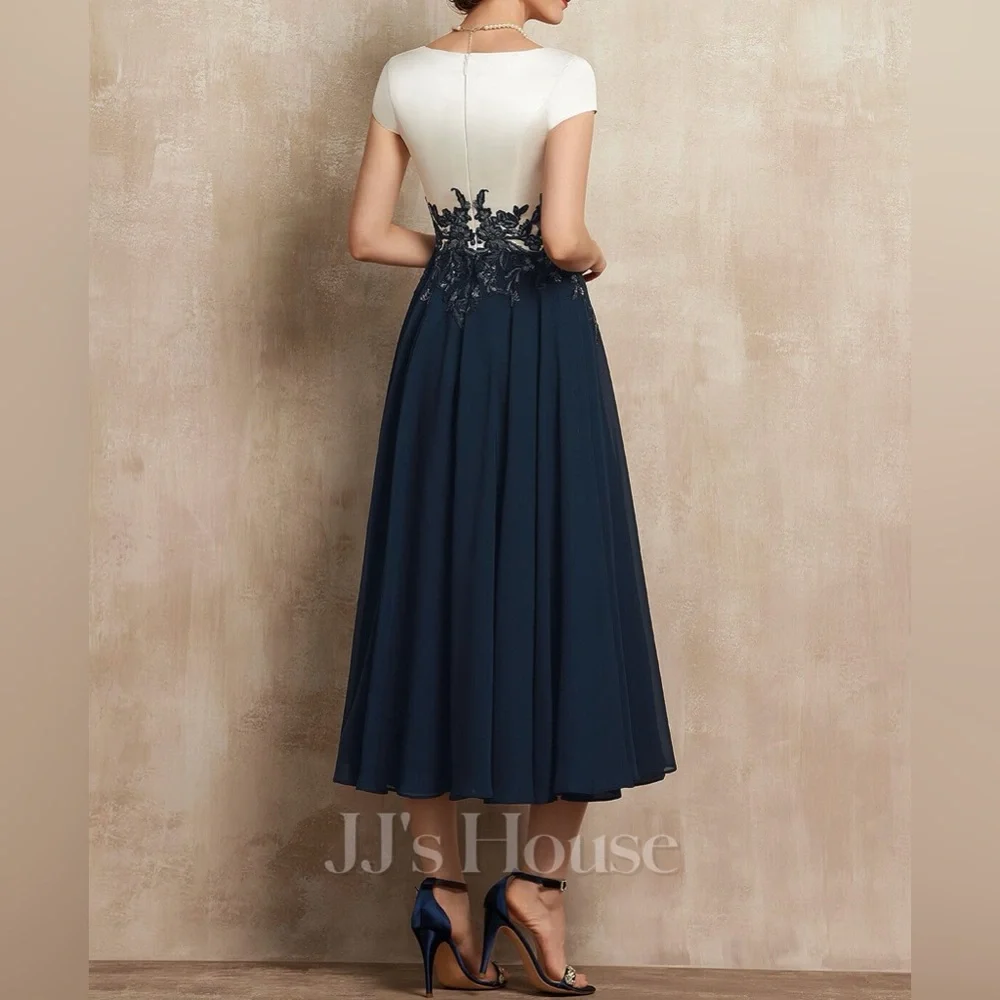 JJ’s House A-Line V-Neck Tea Length Satin Chiffon Mother Of The Bride Dress - Picture 3 of 9